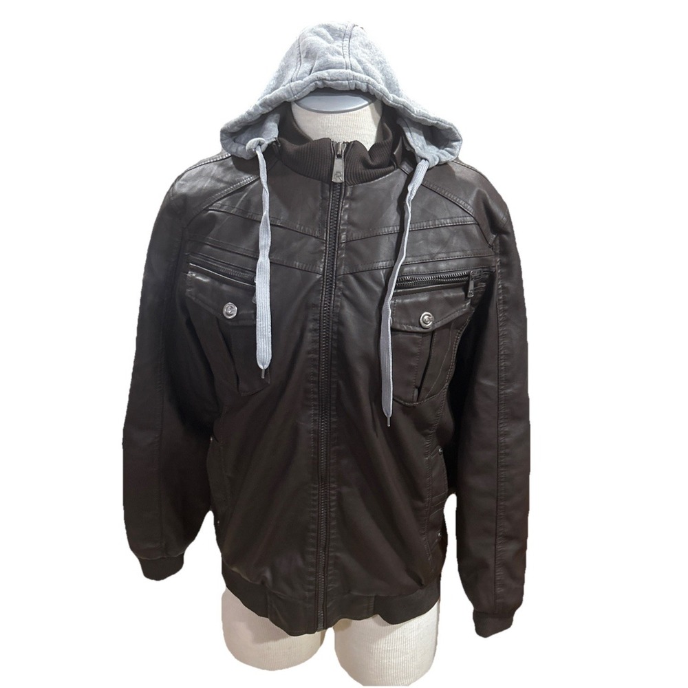 Refinery Republic Faux Leather Jacket M Mens Brown Hooded